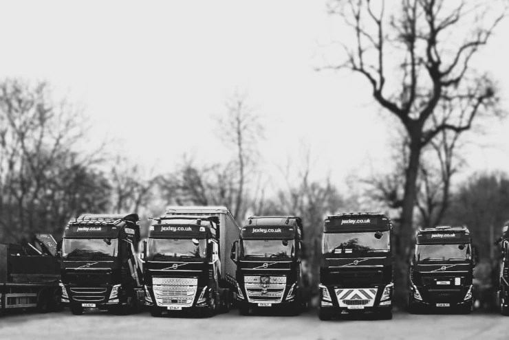 front of a fleet of wagons in black and white
